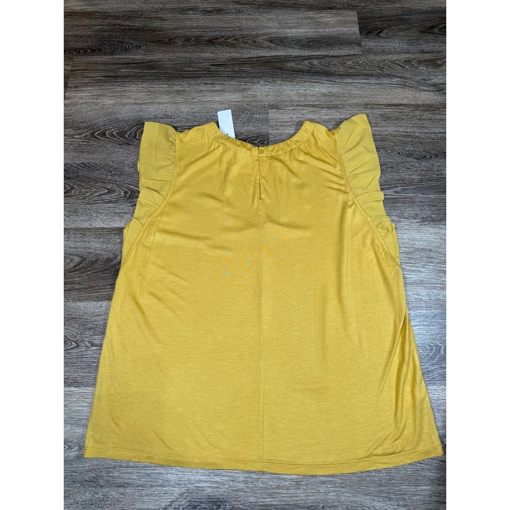 New Loft‎ Blouse Women's M Yellow Mustard Short Ruffled Sleeves Pleated Neckline - Picture 6 of 6